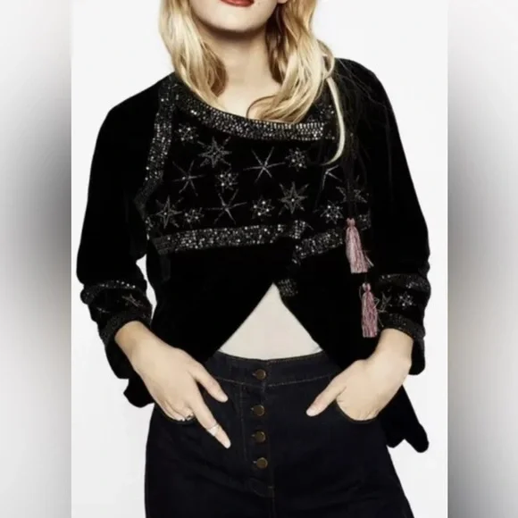 Zara Black Velvet Jacket with Sequin and Rhinestone Star Embroidery - Picture 7 of 7
